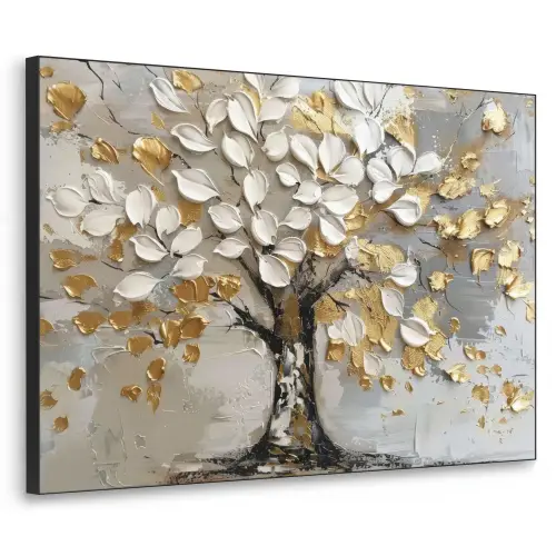 Boom - Beige - Grijs - Goud - Abstract Textielframe zwart klein -3d