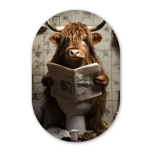 Schotse hooglander - Toilet - Krant - Badkamer Wandcirkel Ovaal Forex klein -3d