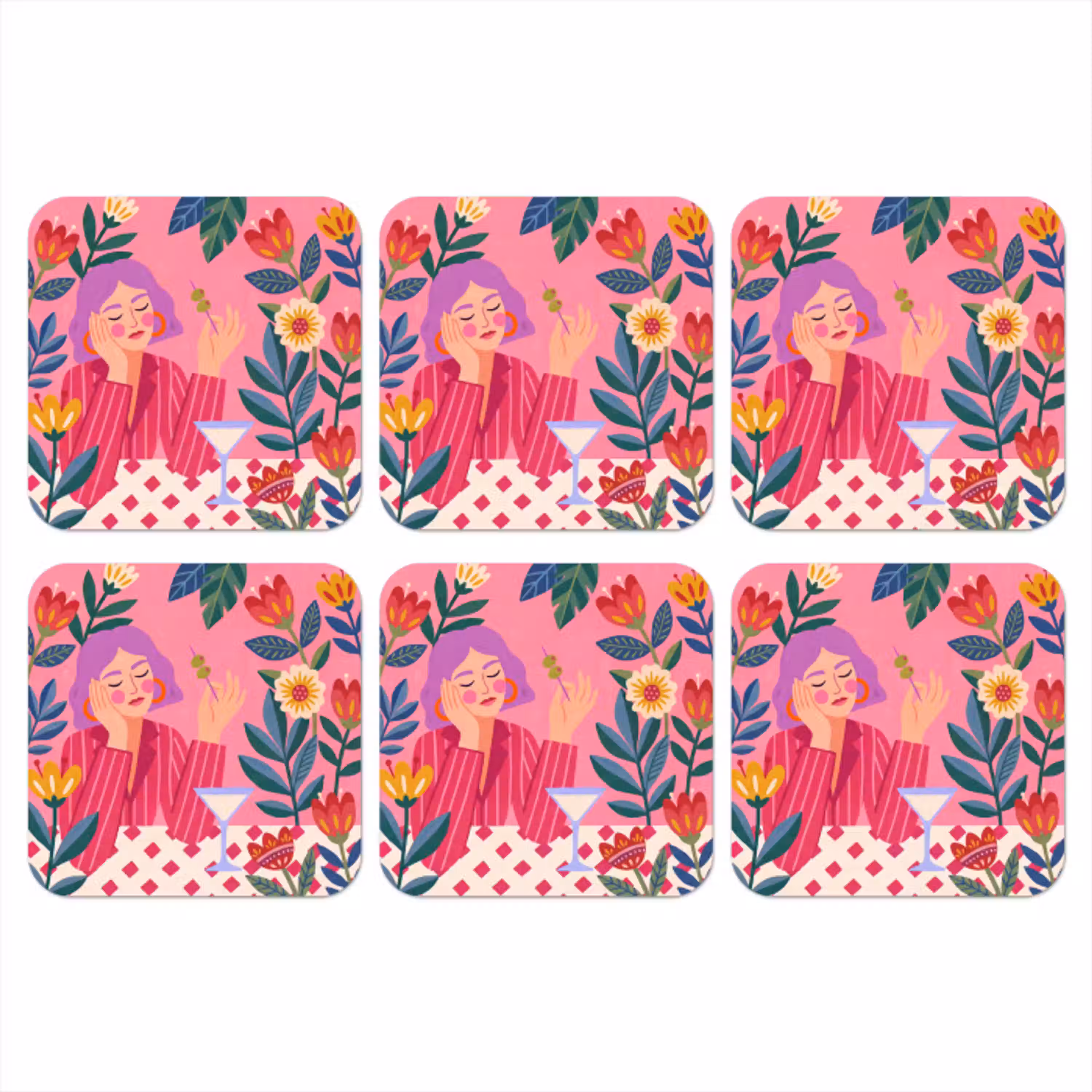 Vrouw - Cocktail - Bloemen - Modern - Roze onderzetter kurk middel -3d