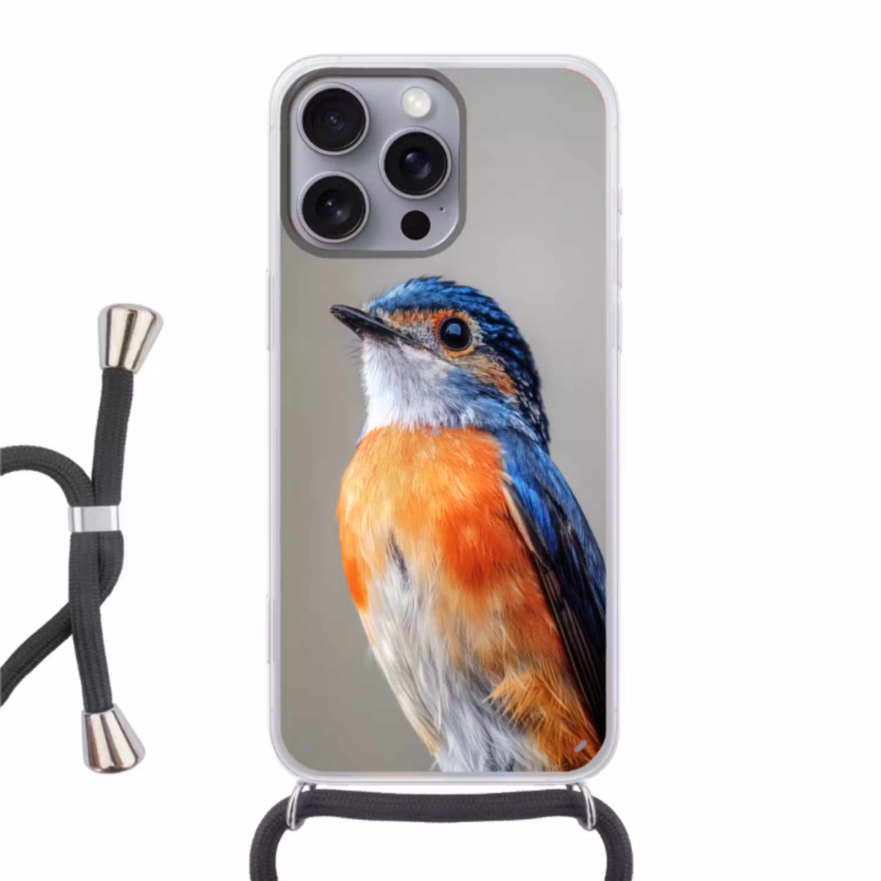 Kleurrijk - Vogeltje - Veren - Blauw Hoesje iPhone 16 Pro Max met koord klein -3d
