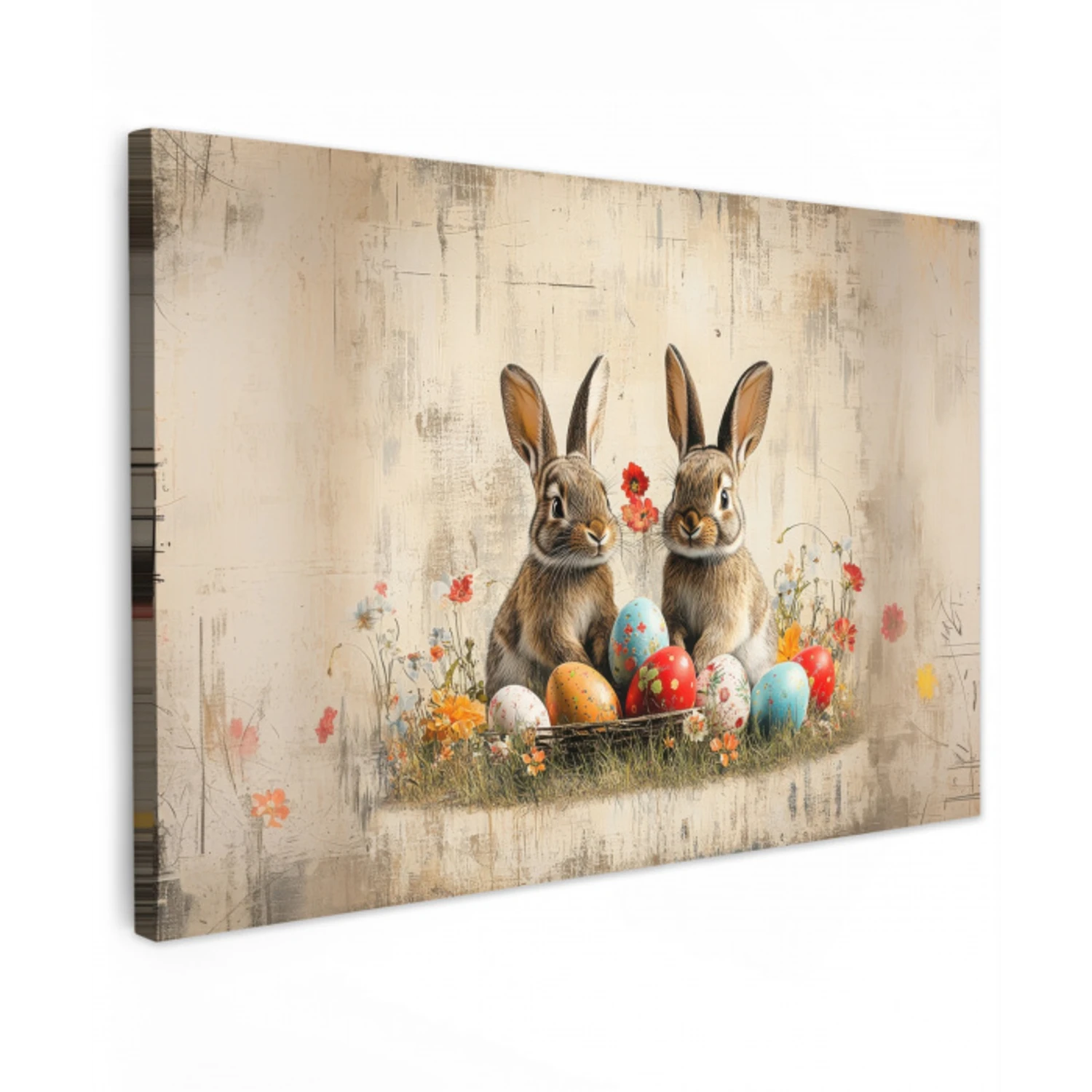 Konijnen - Bloemen - Eieren Tuinposter op houten frame 2 cm dik klein -3d