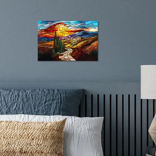 Mozaïek - Zon - Landschap - Dorp poster papier klein -sfeer2
