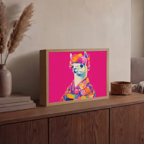Lama - Kimono - Bloemenkrans - Felroze Light Box met batterij (Wandlamp) middel -sfeer2
