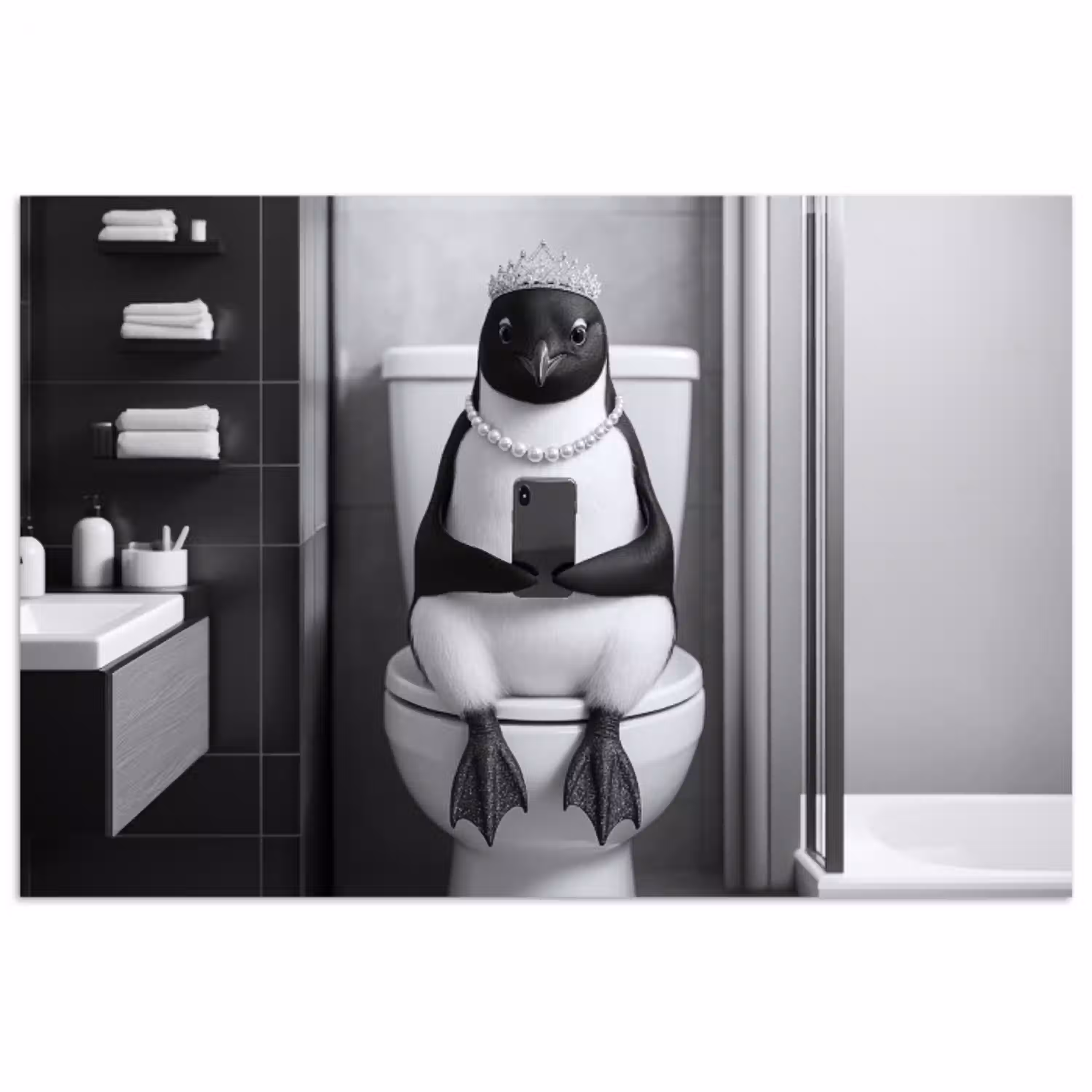 Pinguïn - Telefoon - Toilet - Zwart - Wit poster papier klein -3d
