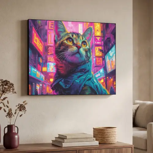 Kat - Pop art - China - Neon - Stad Textielframe zwart klein -sfeer3