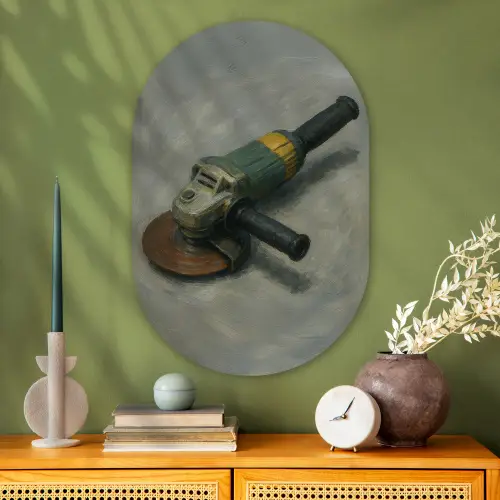 Haakse slijper - Schilderij - Gereedschap Wandcirkel Ovaal Glas middel -sfeer2