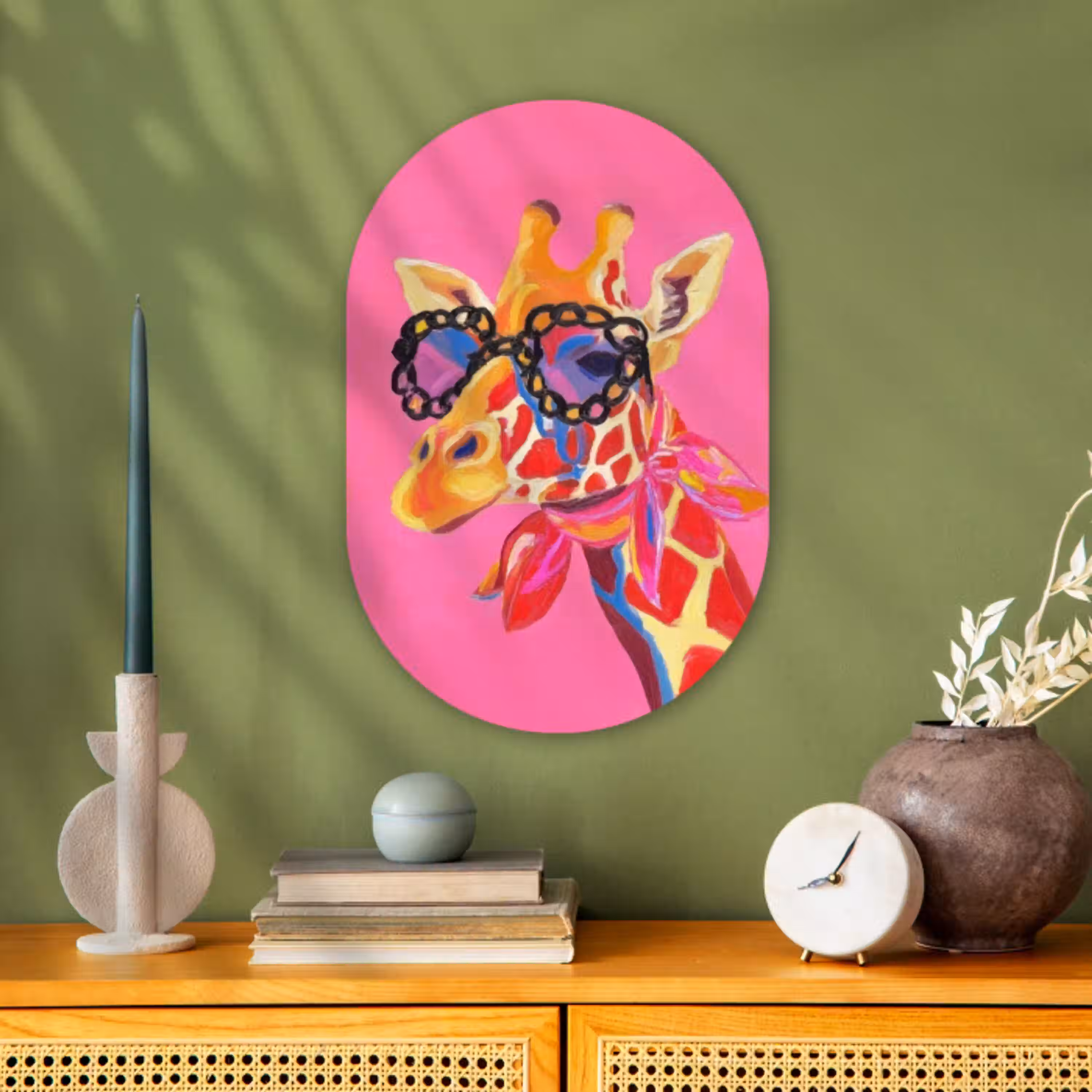 Giraf - Roze - Bril - Sjaal Wandcirkel Ovaal Forex klein -sfeer2