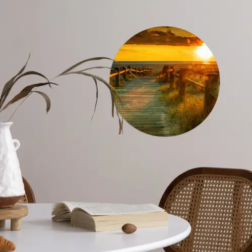 Zon - Strand - Duin - Horizon - Gras - Pad - Oranje Wandcirkel behangsticker klein -sfeer3