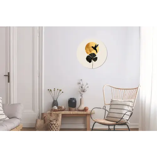 Zwarte kolibrie - Bloem - Gouden cirkel Wandcirkel aluminium klein -woonkamer