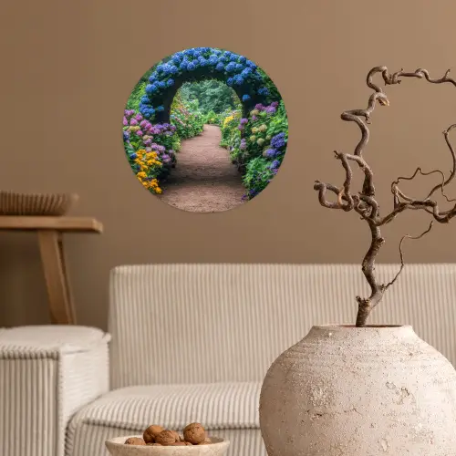 Doorkijk - Bloemen - Hortensia - Pad Wandcirkel behangsticker klein -sfeer1