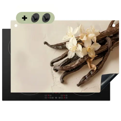 Vanille - Bloemen - Beige Inductie beschemer met haakjes klein -3d
