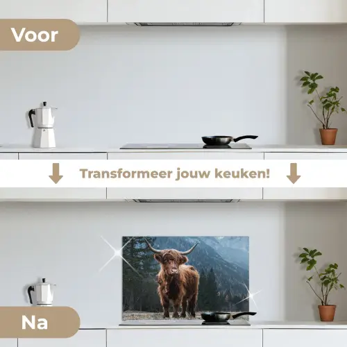 Schotse hooglander - Berg - Landschap - Bomen - Koe - Natuur keuken achterwand spatscherm klein -voor_na_NL