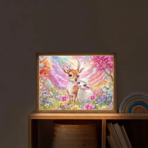 Hertje - Lammetje - Bloemen - Pastel Light Box met batterij (Wandlamp kind) middel -sfeer1_kind