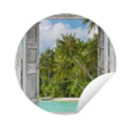 Palm - Zee - Doorkijk - Tropisch Wandcirkel tuinposter met ringen klein -3d