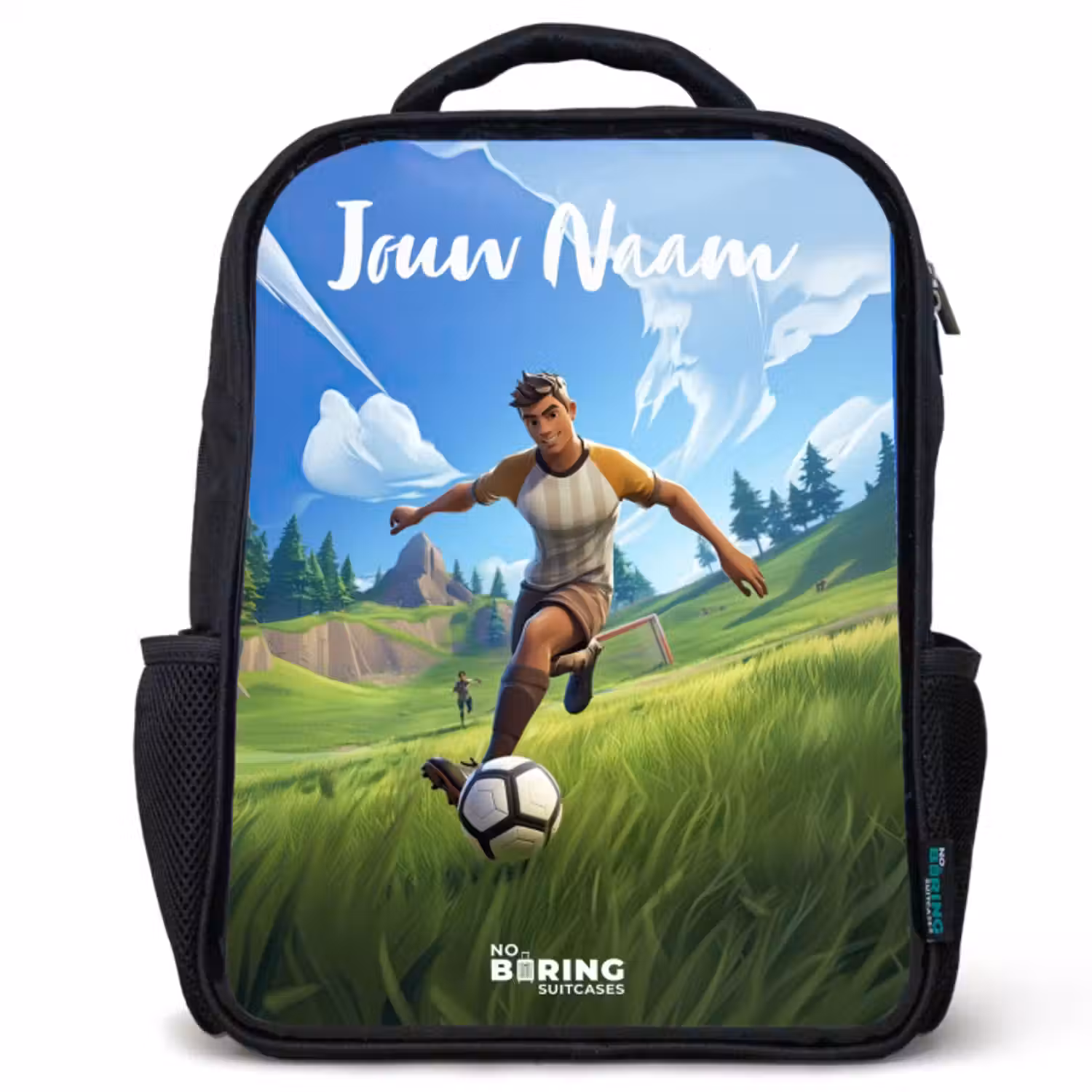 Kinderrugzak met naam - Zwart - Voetballer - Gras - Goal - Kleurrijk