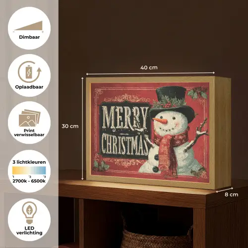 Klassiek - Kerstgroet - Sneeuwpop - Rood Light Box met batterij (Wandlamp) middel -USP_websiteoverzichtNL