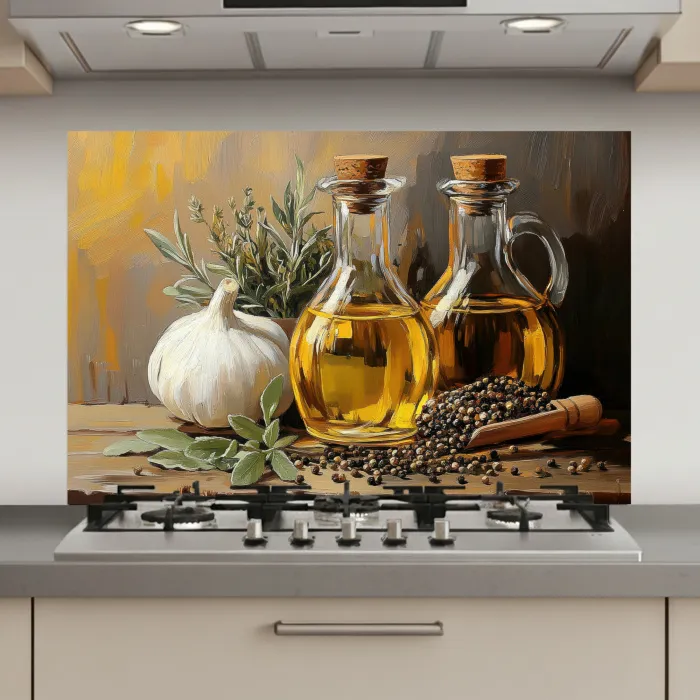 Stilleven - Olijfolie - Knoflook - Kruiden keuken achterwand spatscherm klein -3d_website