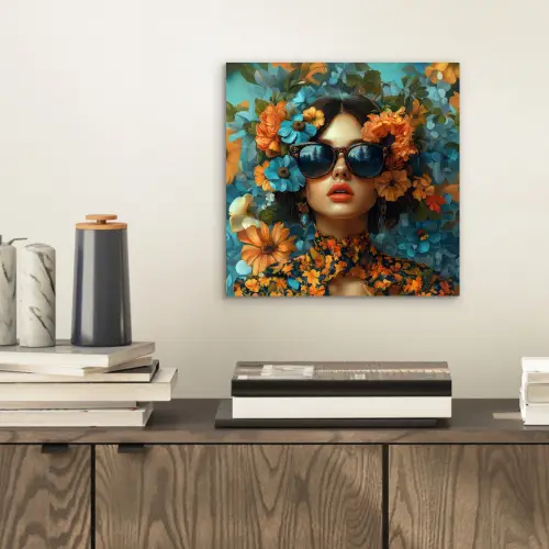 Vrouw - Bloemen - Oranje - Blauw - Modern aluminium wit klein -sfeer1
