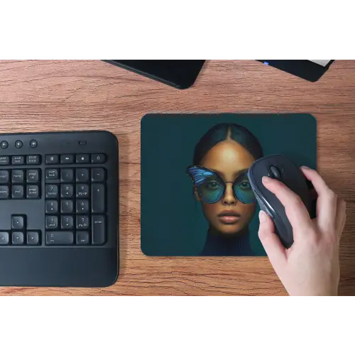 Vrouw - Vlinder - Bril - Blauw - Modern - Portret muismat rubber klein -toetsenbord