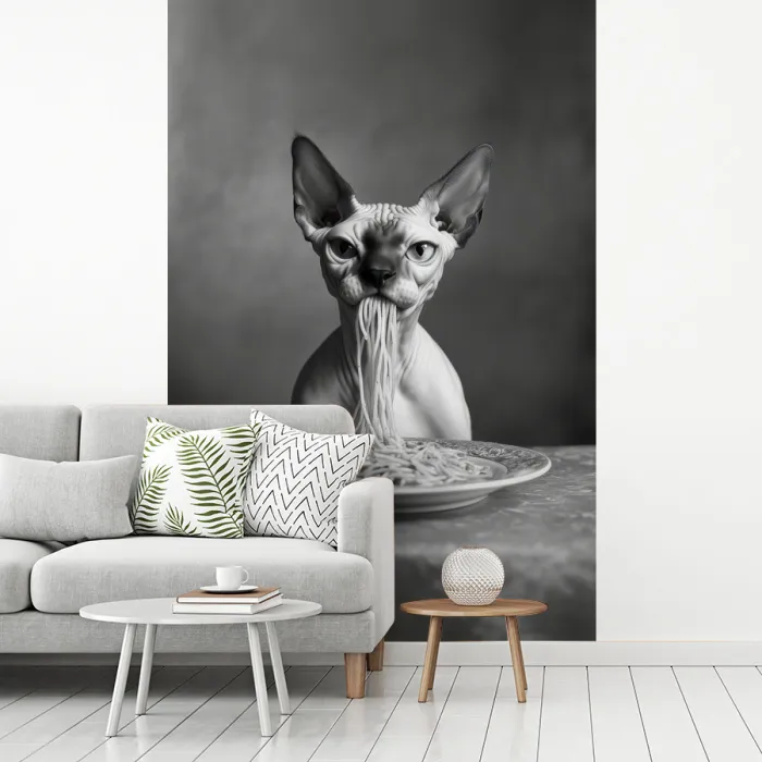Sphynx - Kat - Dieren - Humor - Spaghetti - Zwart Wit fotobehang vinyl groot -woonkamer