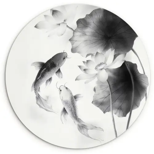 Lotusbloemen - Vissen - Bladeren - Zwart Wandcirkel plexiglas klein -3d
