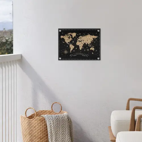 Wereldkaart - Beige - Zwart tuinposter los doek klein -sfeer8