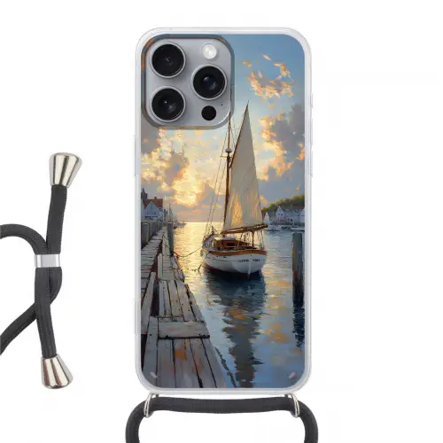 Zeilboot - Zon - Pier - Hout Hoesje iPhone 16 Pro Max met koord klein -3d