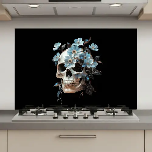 Schedel - Blauw - Bloemen - Bladeren keuken achterwand spatscherm klein -3d_website