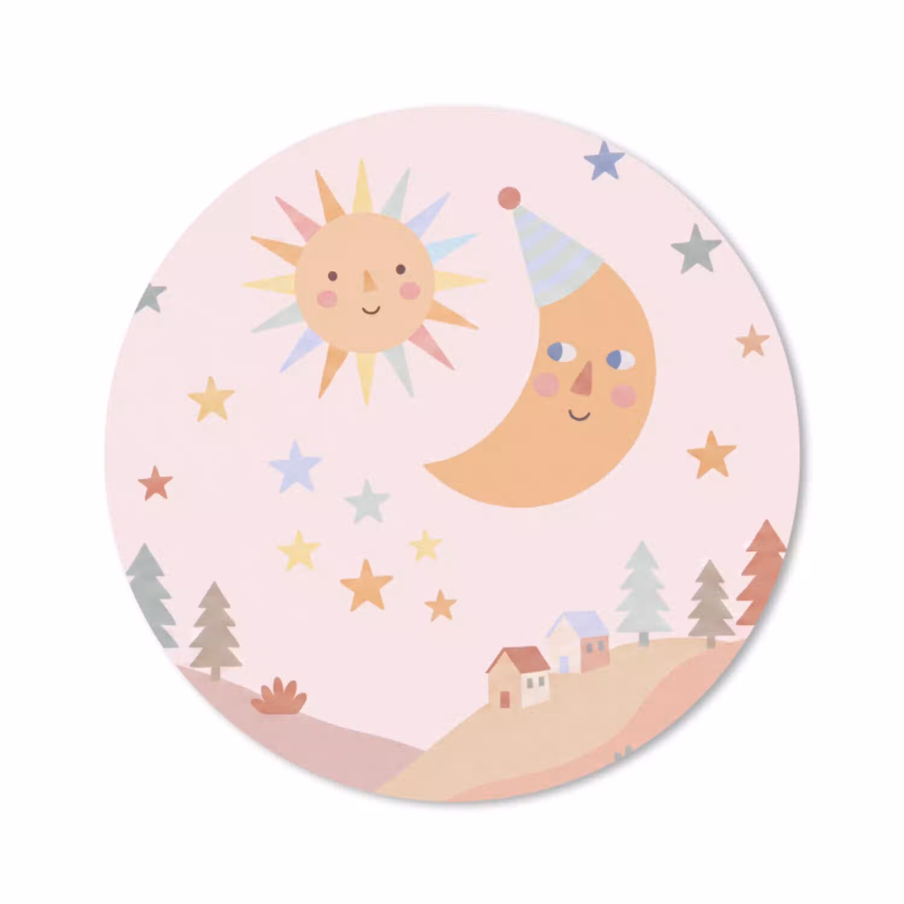 Zon - Maan - Sterren - Kinderkamer - Pastel Muismat rond klein -3d