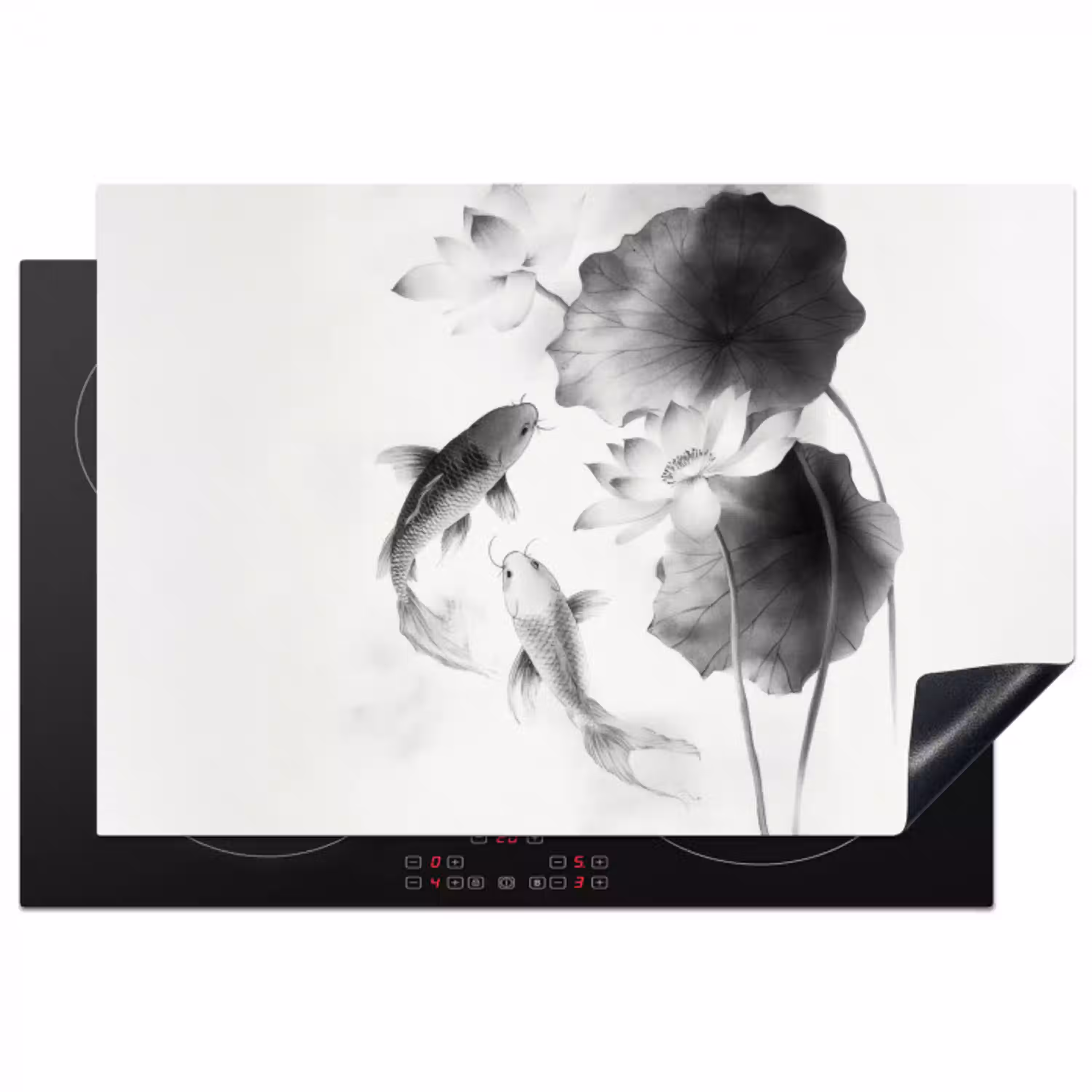 Lotusbloemen - Vissen - Bladeren - Zwart Inductie beschermer vinyl 3mm klein -3d