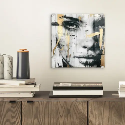 Portret - Vrouw - Penseelstreken - Goud plexiglas 5mm klein -sfeer1