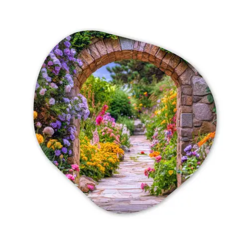Doorkijk - Bloemen - Pad - Natuur Wandcirkel Organisch Aluminium middel -3d