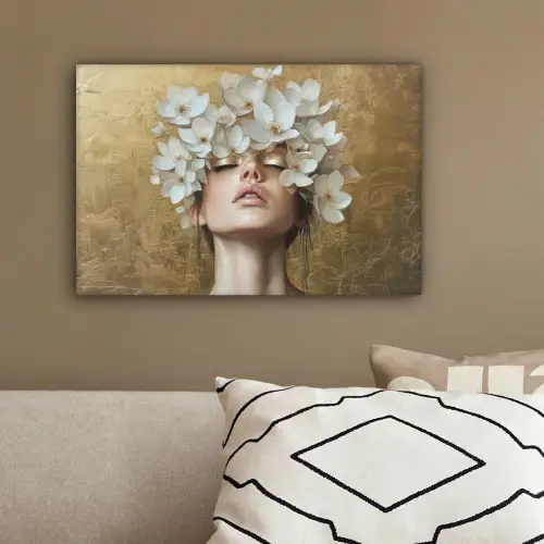 Gezicht - Bloemen - Goud - Abstract canvas 2cm klein -sfeer3