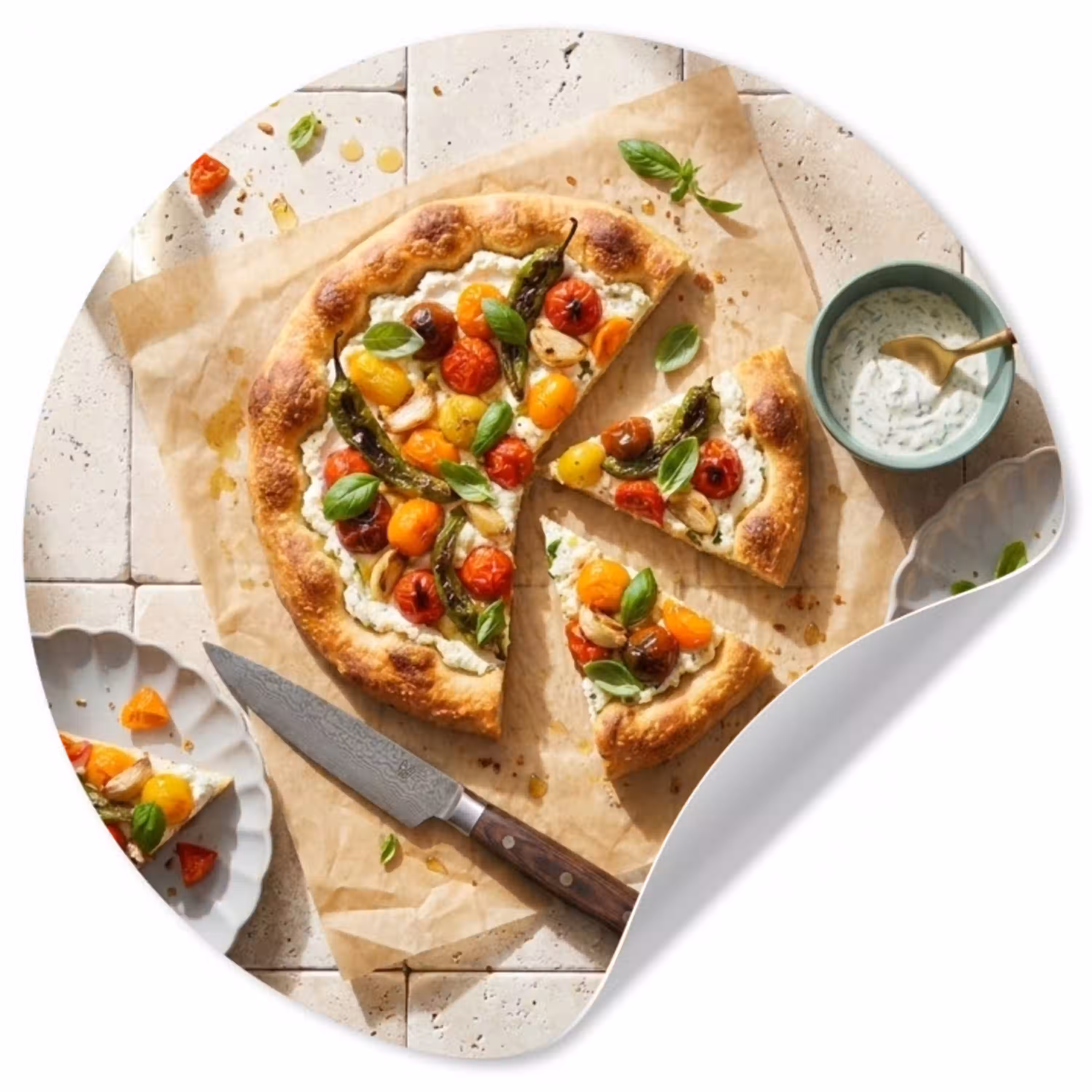 Eten - Tomaten - Basilicum - Maaltijd - Vers Wandcirkel behangsticker klein -3d
