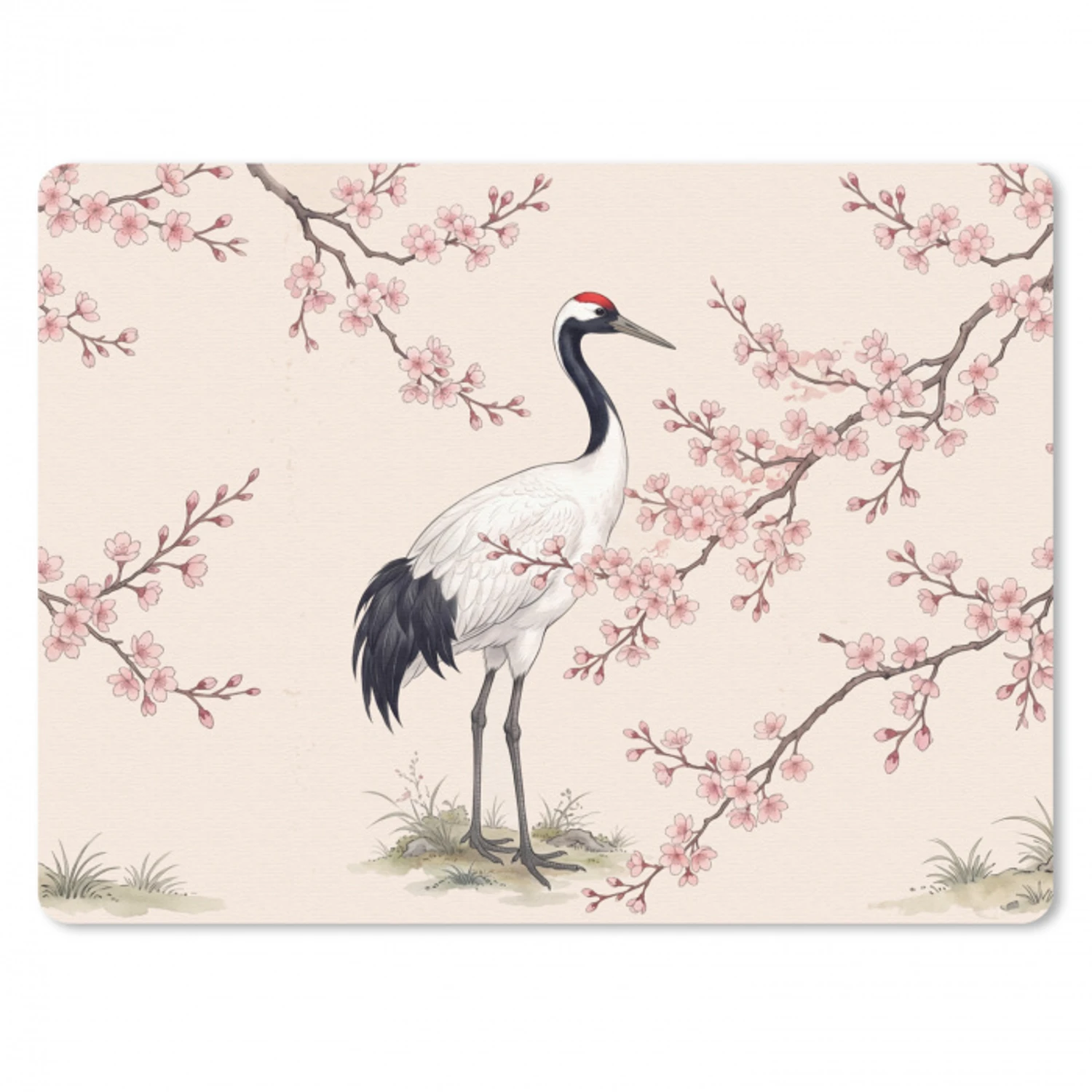 Aziatisch - Kraanvogel - Beige muismat rubber klein -3d