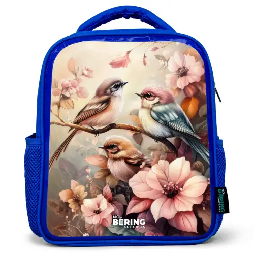 Vogels met roze bloemen Kinderrugzak - Blauw middel -3d