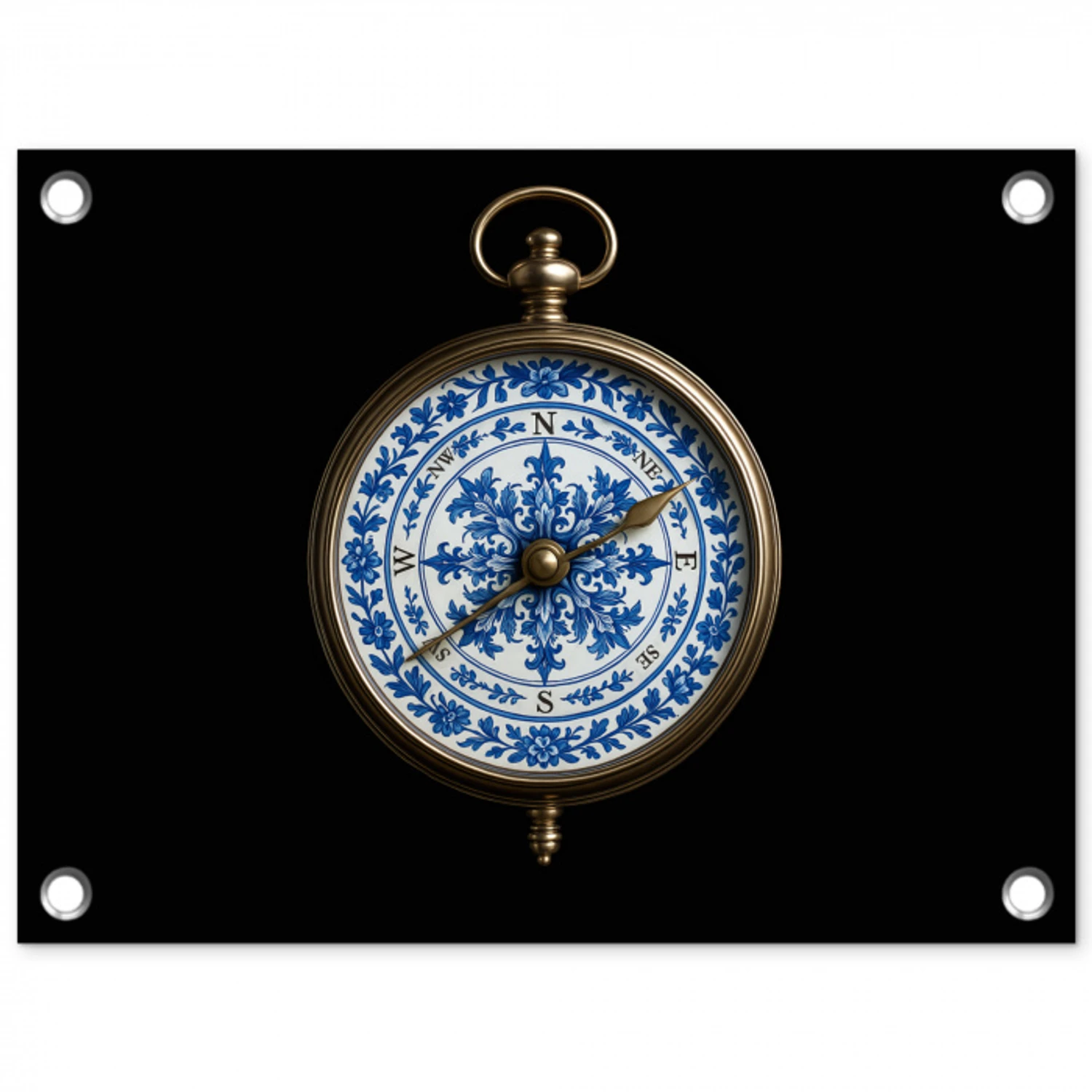 Kompas - Delfts blauw - Zwart tuinposter los doek klein -3d