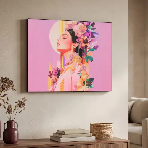 Vrouw - Bloemen - Paars - Abstract Textielframe - compleet frame klein -sfeer3