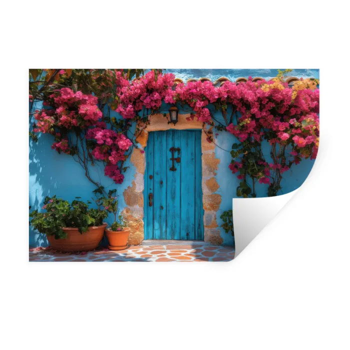 Deur - Hout - Bloemen - Blauw Muursticker klein -3d