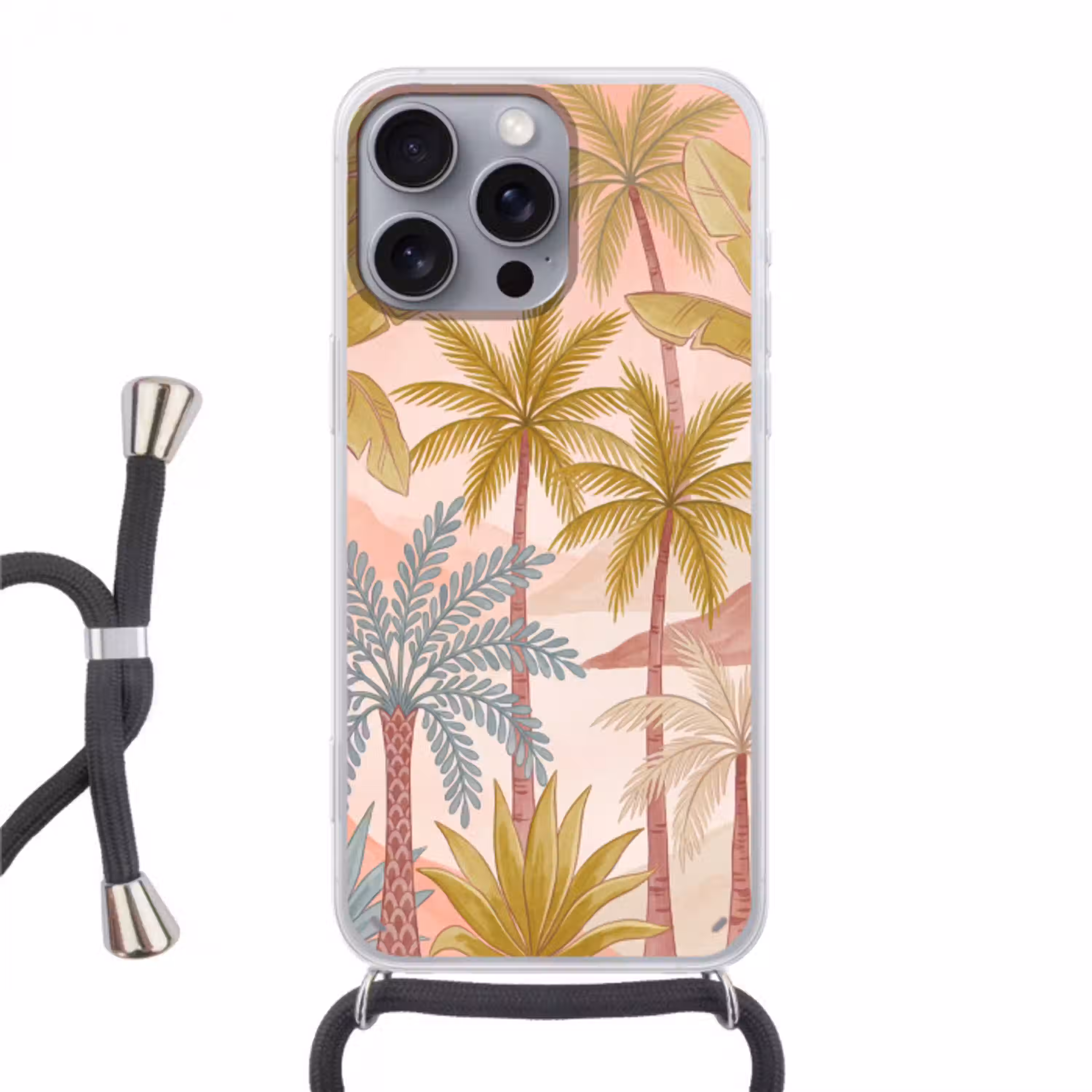 Illustratie - Palmbomen - Kleurrijk Hoesje iPhone 16 Pro Max met koord klein -3d