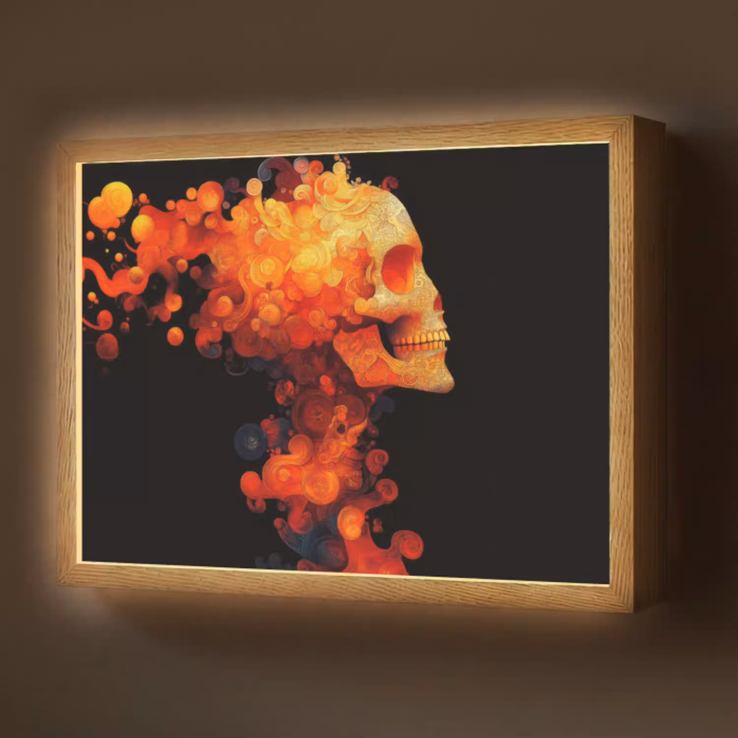 Schedel - Oranje - Zijaanzicht - Vlammen Light Box met batterij (Wandlamp) middel -z3d_website