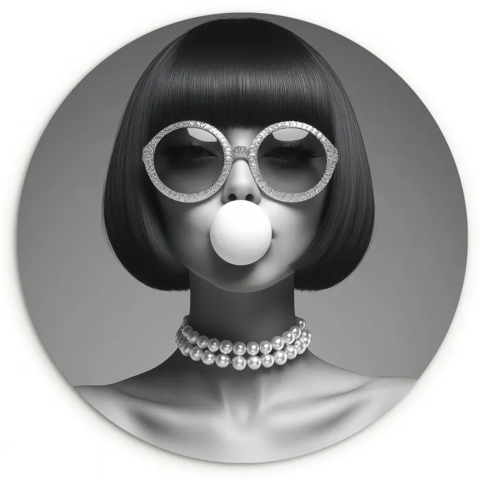 Vrouw - Zwart Wit - Ketting - Zonnebril Wandcirkel kunststof plaat 5mm dik klein -3d