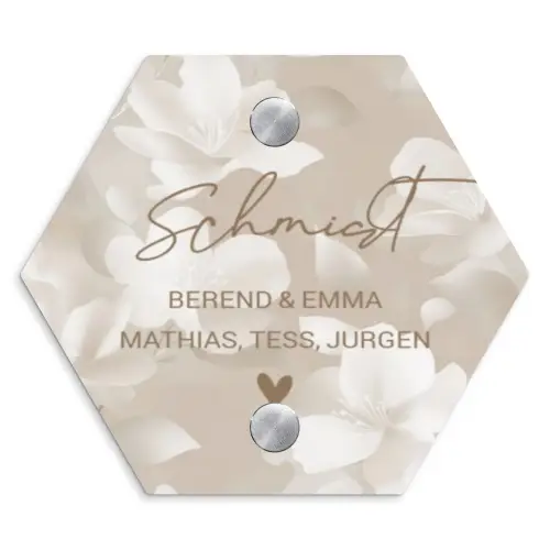 Beigefarbene Blumen - Elegant Naambord Hexagon klein -3d