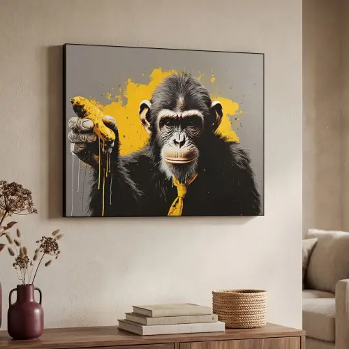 Aap - Chimpansee - Banaan - Geel - Dieren - Stropdas Textielframe - compleet frame klein -sfeer3