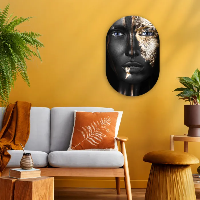 Vrouw - Bladgoud - Zwart - Goud - Luxe Wandcirkel Ovaal Forex klein -sfeer4