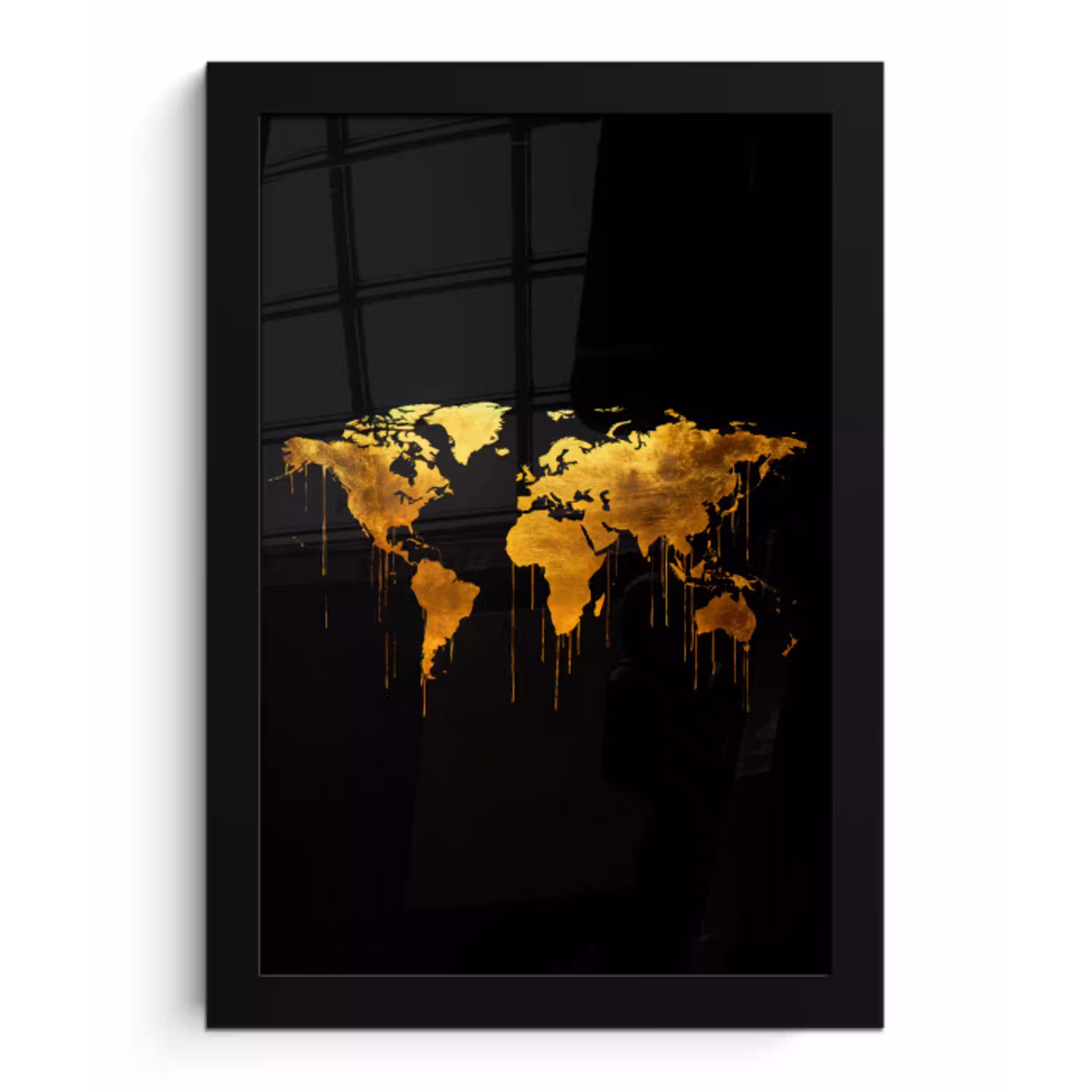 Wereldkaart - Goud - Druipen - Zwart fotolijst zwart zonder passe partout klein -3d