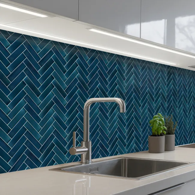 Crédence Cuisine - Motif à chevrons - Carreaux - Bleu foncé