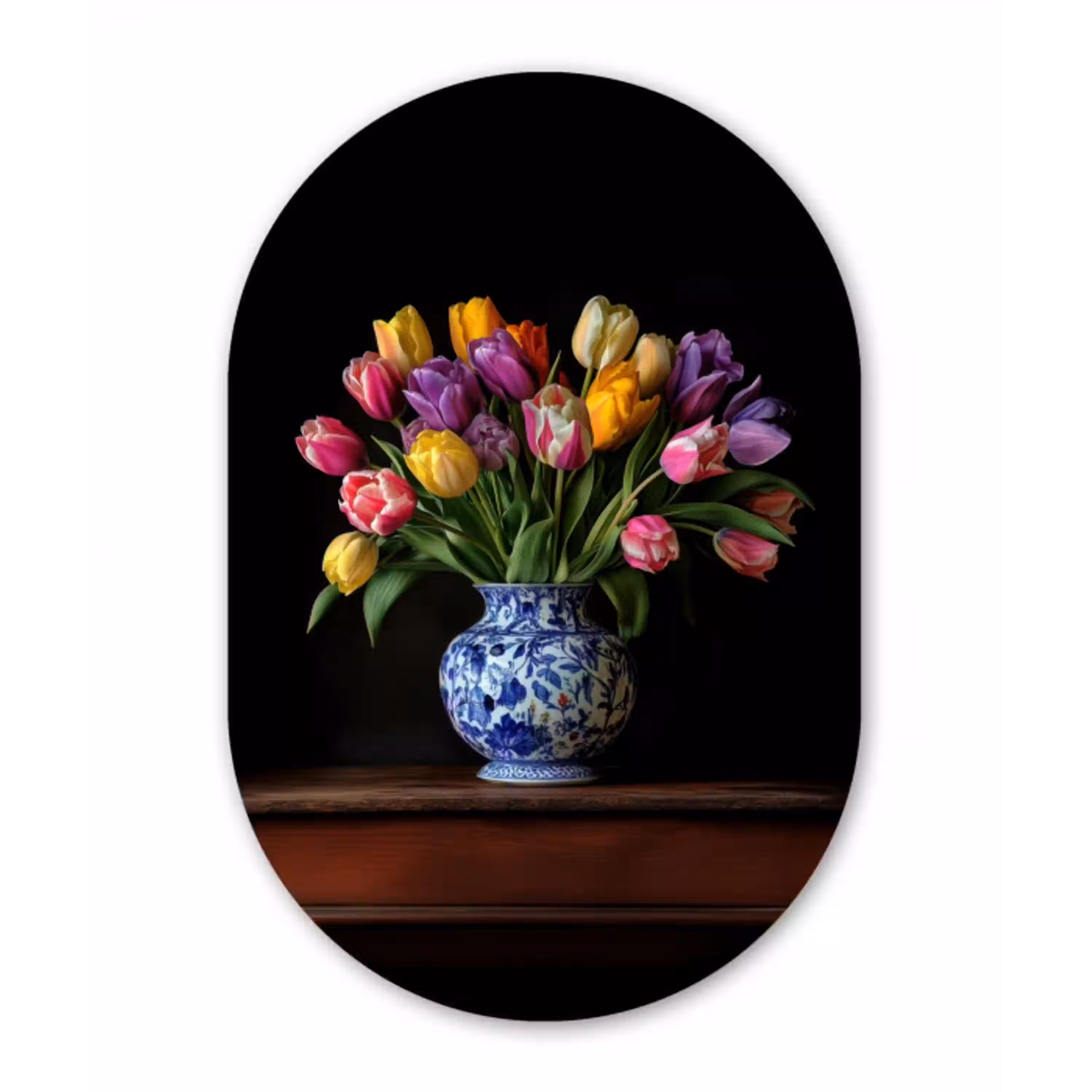 Tulpen - Kleuren - Hout - Vaas Wandcirkel Ovaal Glas middel -3d