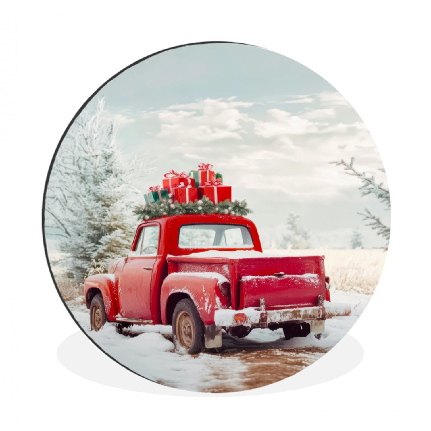 Auto - Rood - Cadeaus - Winter - Sneeuw - Kerst Wandcirkel aluminium klein -3d