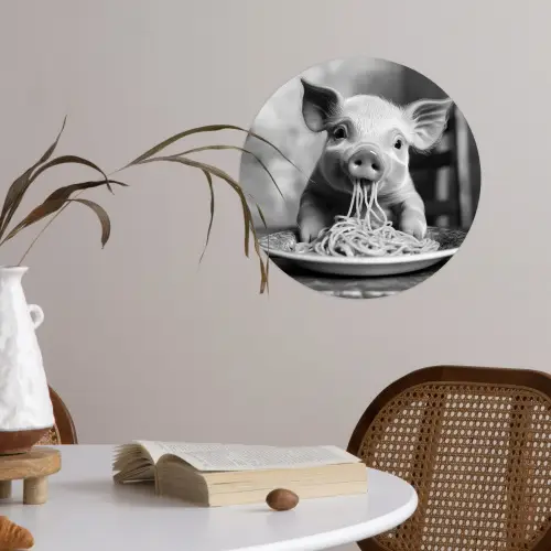 Varken - Schattig - Spaghetti - Zwart wit - Dier Wandcirkel behangsticker klein -sfeer3